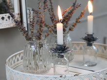 Load image into Gallery viewer, Glass bottle with antique grey floral top candle holder ... 3 sizes
