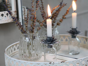 Glass bottle with antique grey floral top candle holder ... 3 sizes