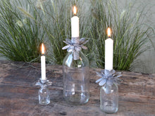 Load image into Gallery viewer, Glass bottle with antique grey floral top candle holder ... 3 sizes
