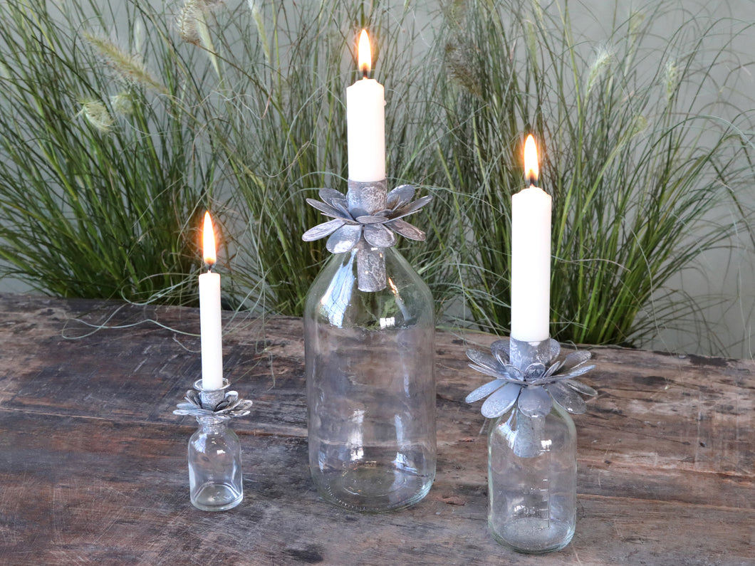 Glass bottle with antique grey floral top candle holder ... 3 sizes