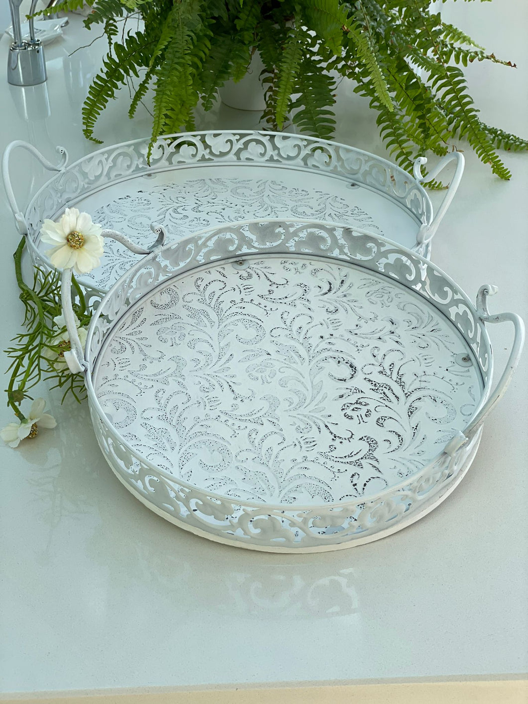 Floral & Fretwork pretty white trays