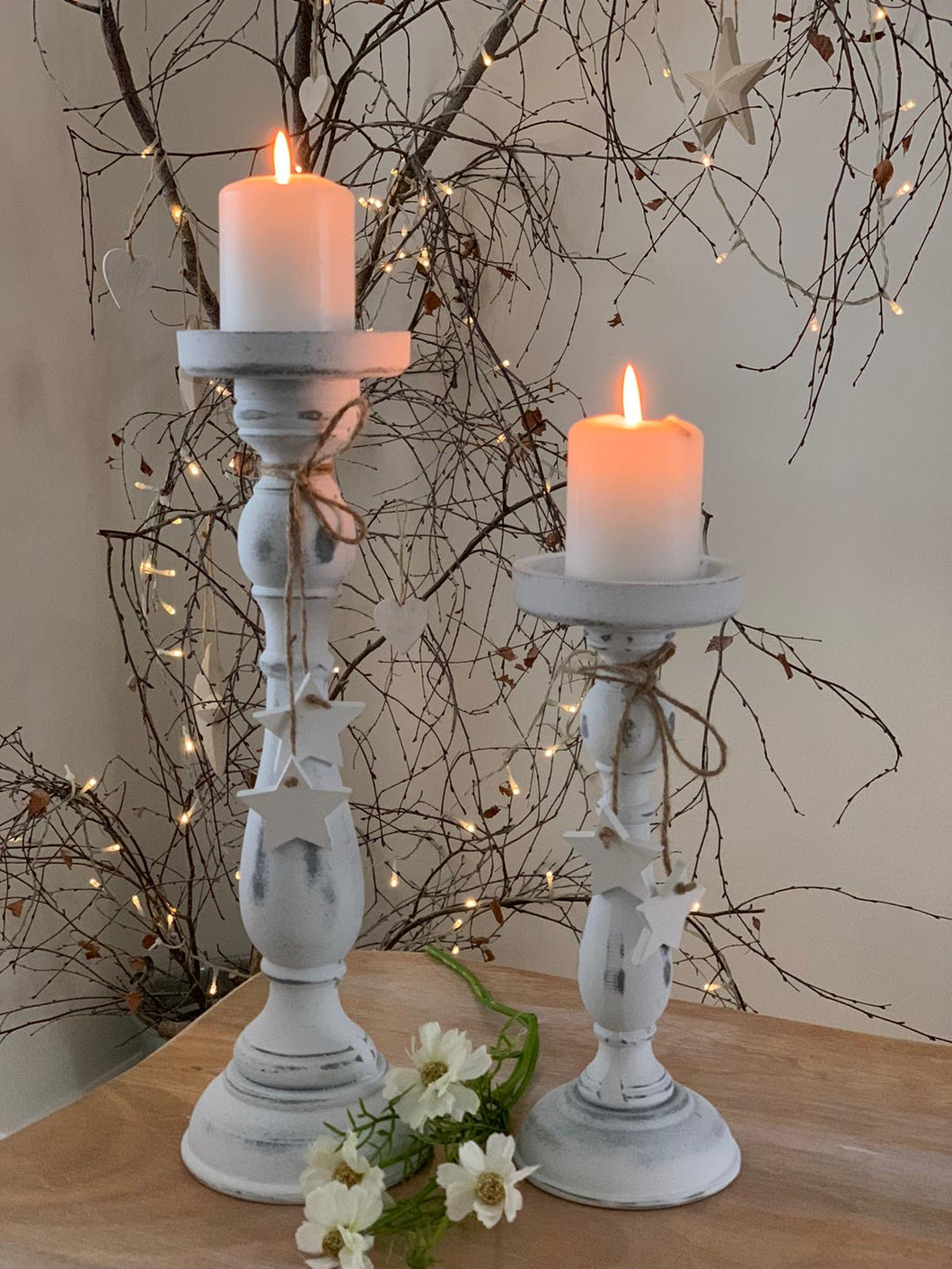 Wooden shabby white star candlestick .... Small 27cm