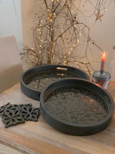 Load image into Gallery viewer, Carved floral Grey wash tray with glass bottom