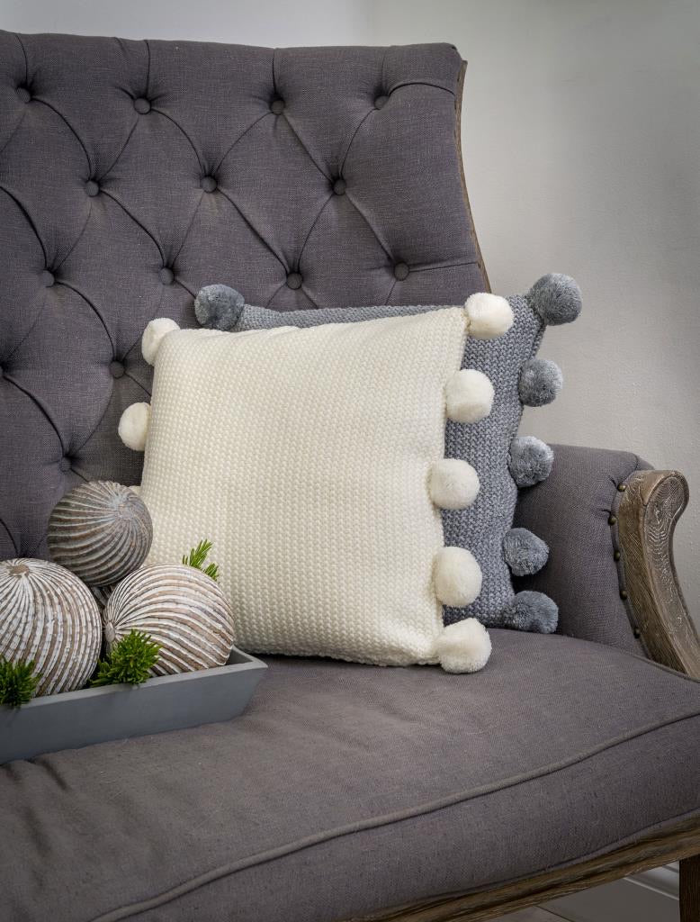 Pom Pom knit Feather cushion ... Ivory
