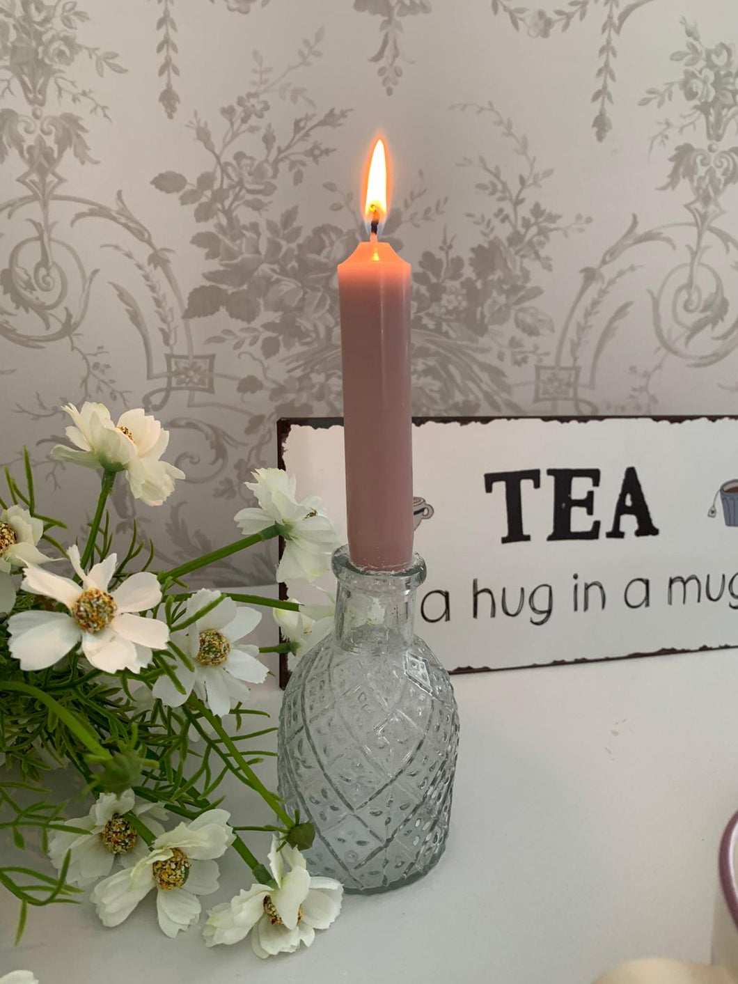 Floral Embossed Glass DINNER Candle Holder