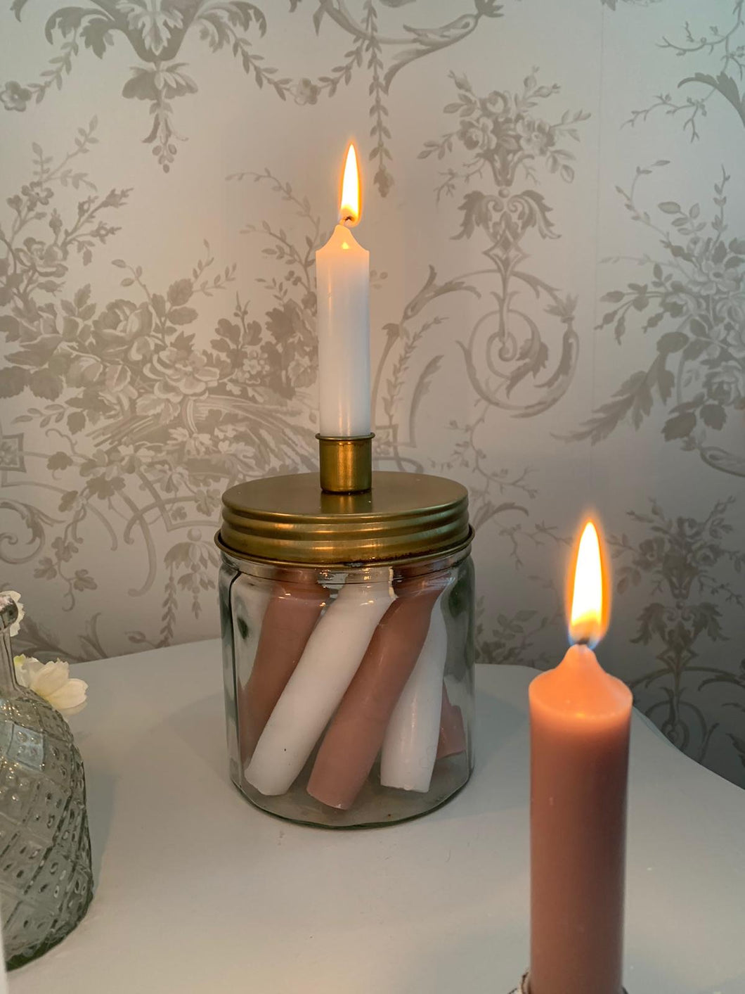 Glass Jar dinner Candle Holder ... Vintage Bronze