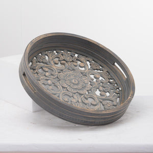 Carved floral Grey wash tray with glass bottom
