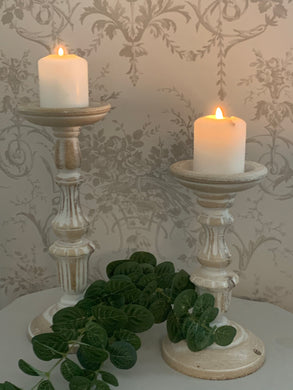 Carved White Wash Wooden Candle Sticks ... 2 sizes
