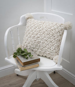 Ivory hand knit Pom Pom cushion