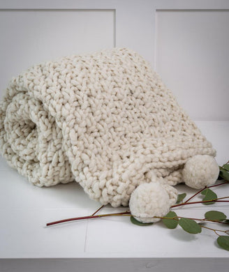 Ivory hand knit Pom Pom throw