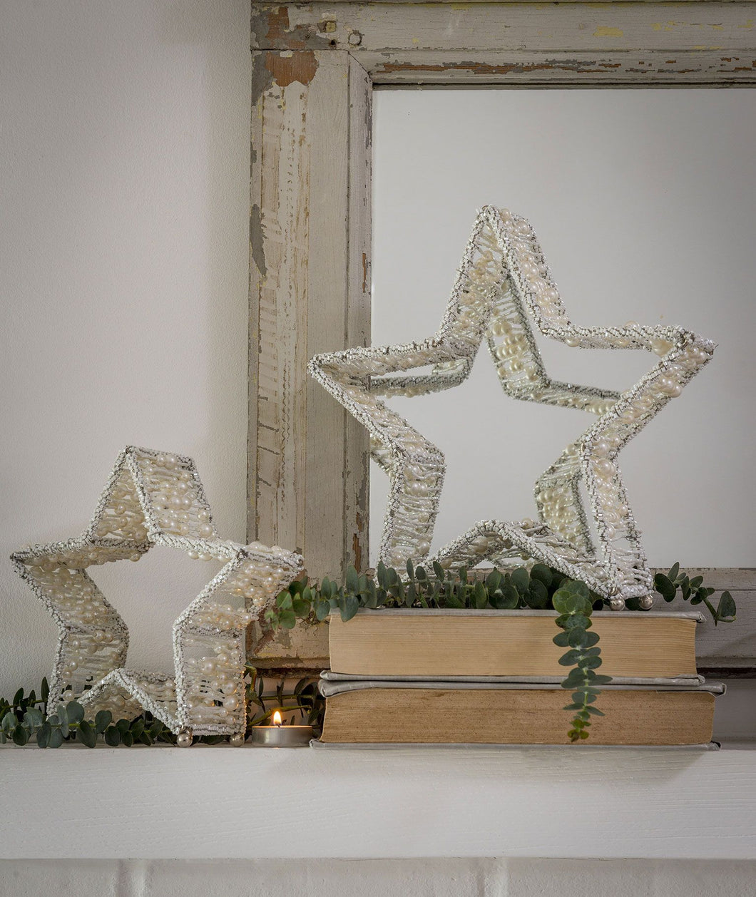 White beaded / Pearl mantel stars duo